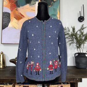VTG 90’s Talbots 100% Lambswool Full Zip Christmas Sweater S Blue Embroidery